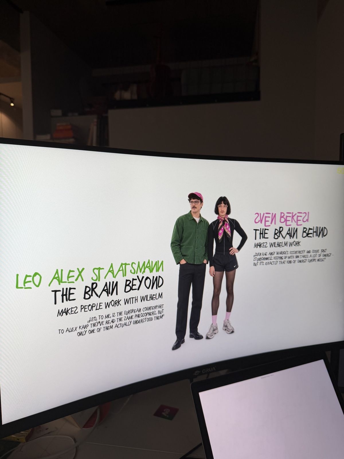 Leo Alex Staatsmann, the brain beyond; Sven Békési, the brain behind. Slide on the studio screen.