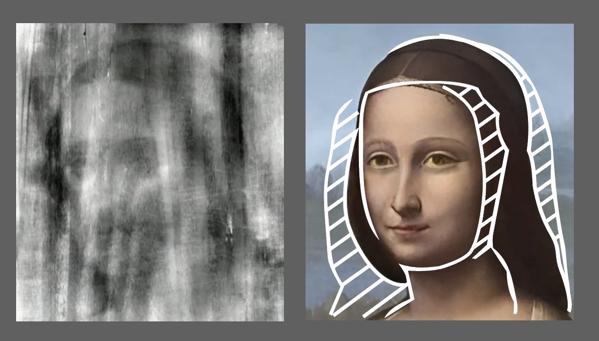 X-ray of the Mona Lisa, and the construction: the narrow head underneath, the veil and hairband filling what each side view adds.