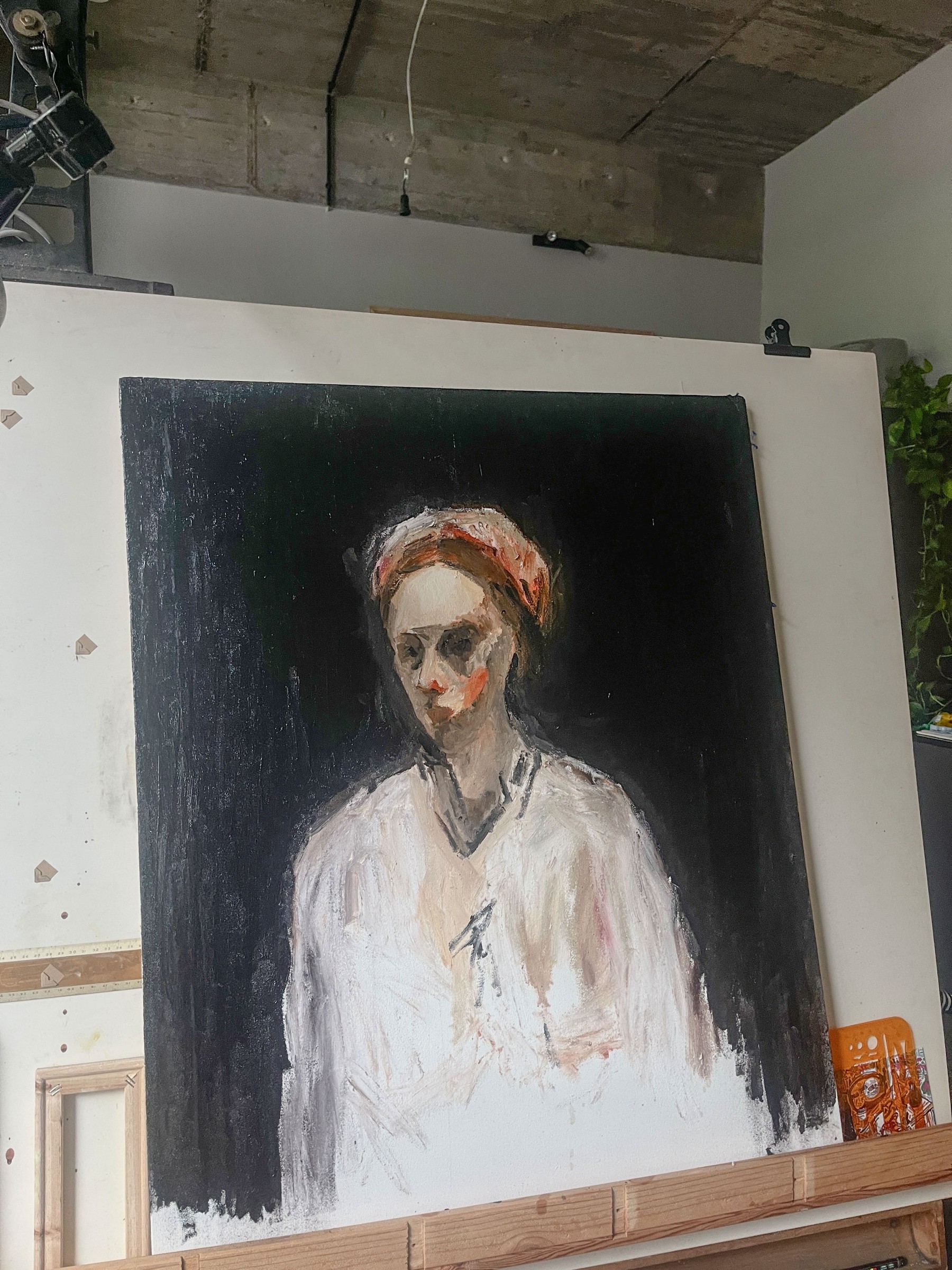 Study, red headband, 2025